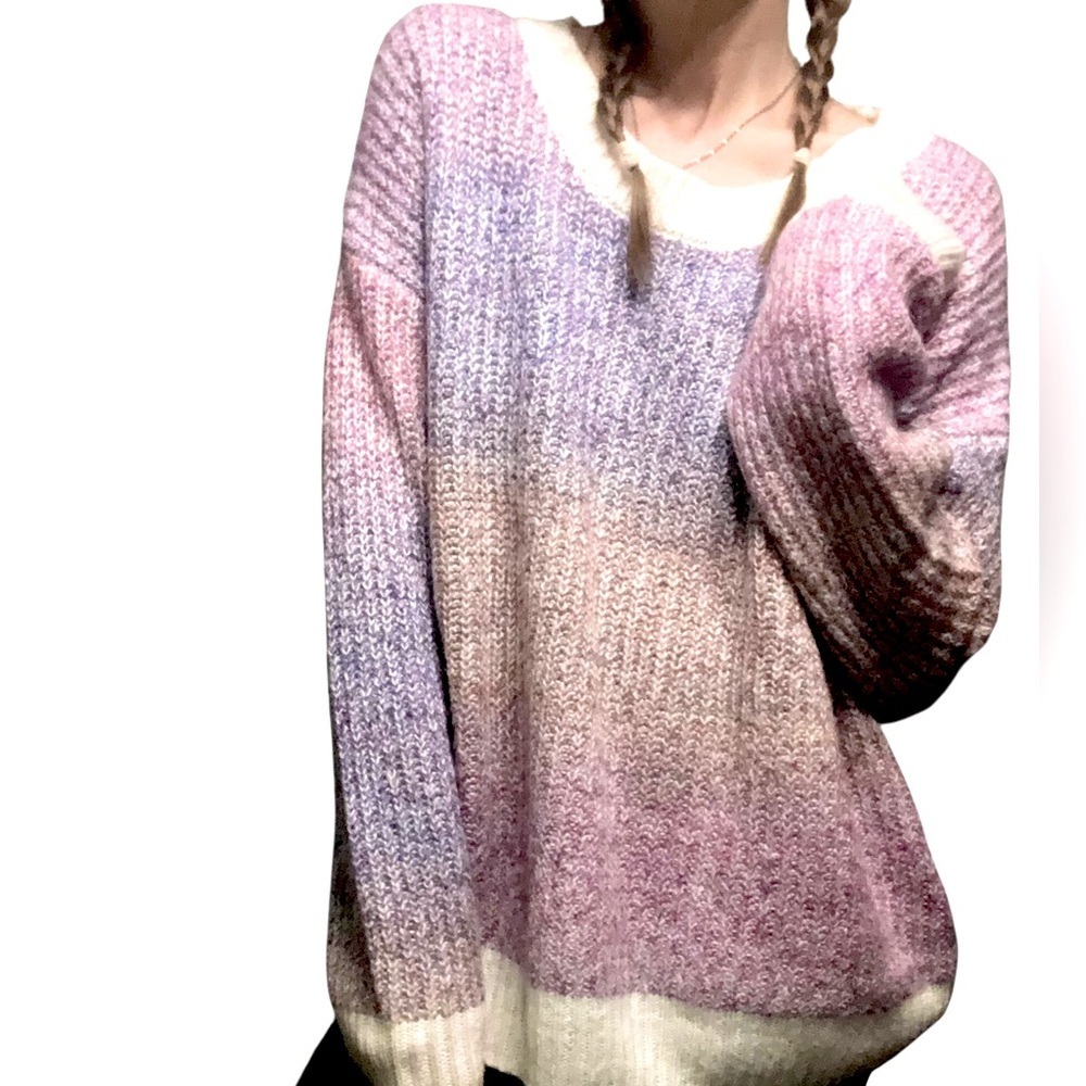 Macaron Multicolor Sweater Sz L Crew Oversized Boxy Colorful Wool Blend Pullover